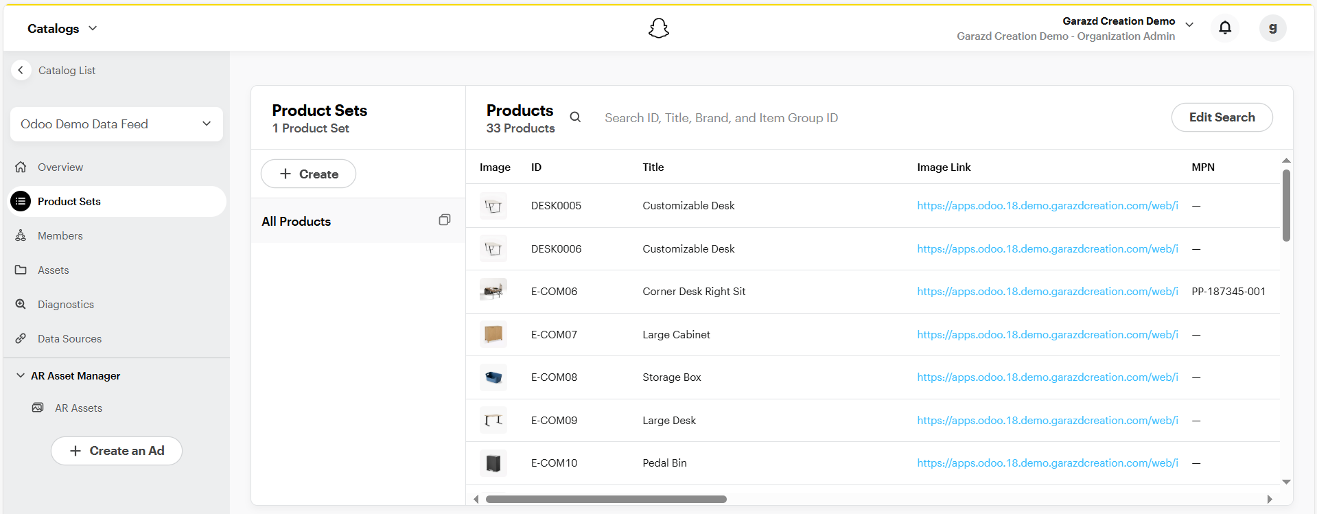 Snapchat Ads Manager Product Sets